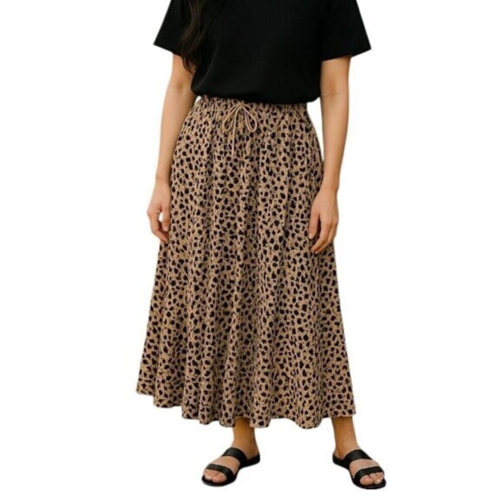 24 Karat Leopard Print Pull-on Cotton Pleated Maxi Skirt OS